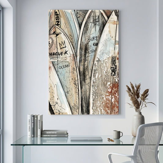 Stacked Surfboards Coastal canvas wall art print displayed in a styled living room