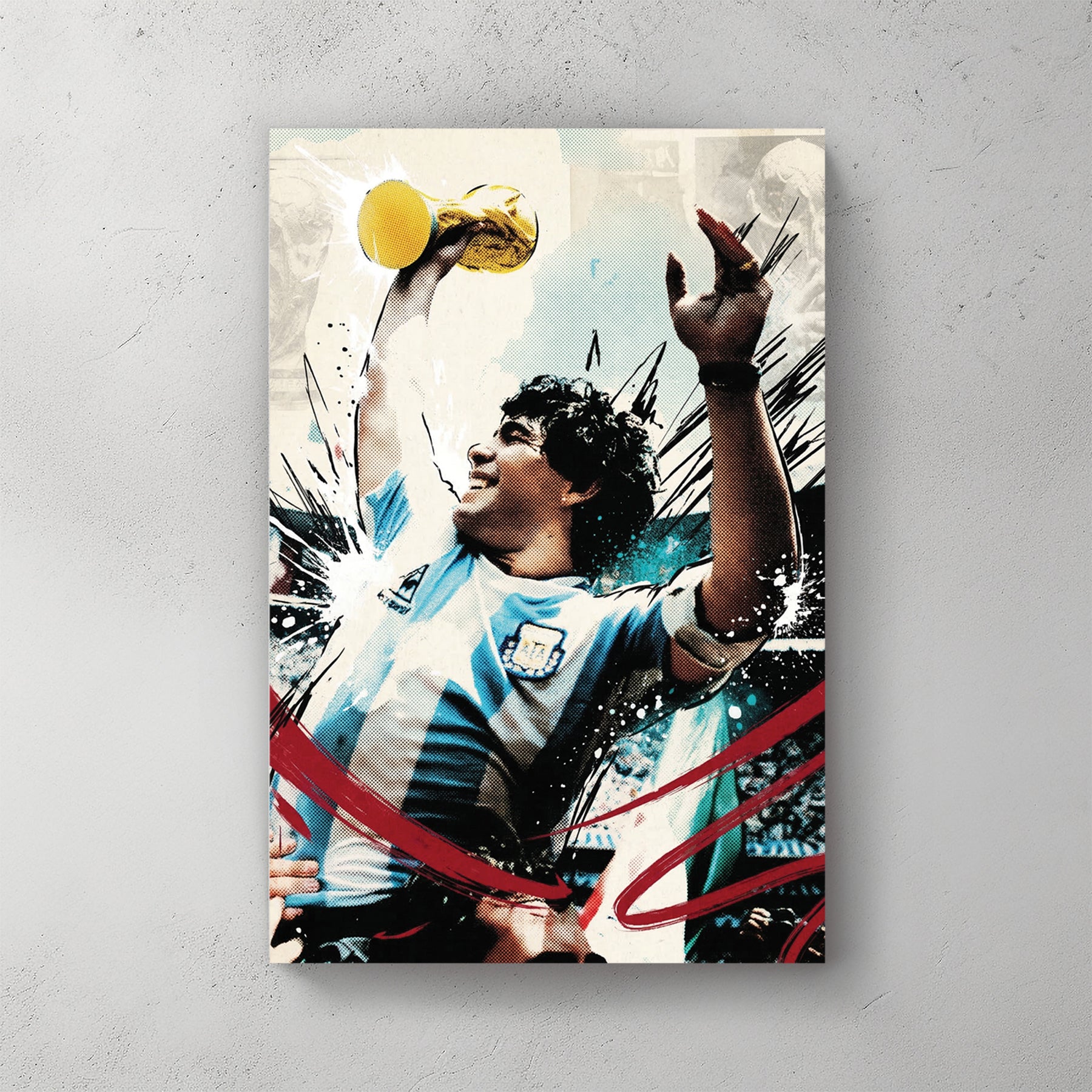 Diego Maradona lifting World Cup trophy, Argentina blue and white striped jersey, celebration — canvas wall art print