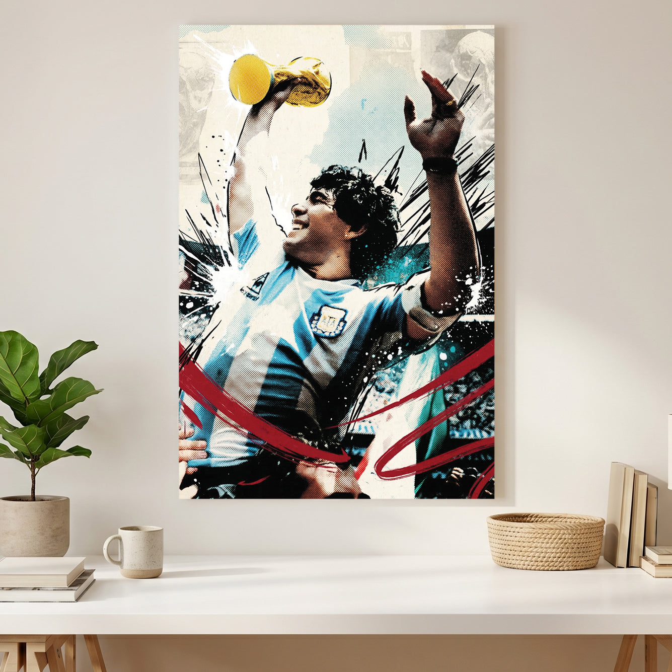 Diego Maradona World Cup Trophy canvas wall art print styled in a modern interior