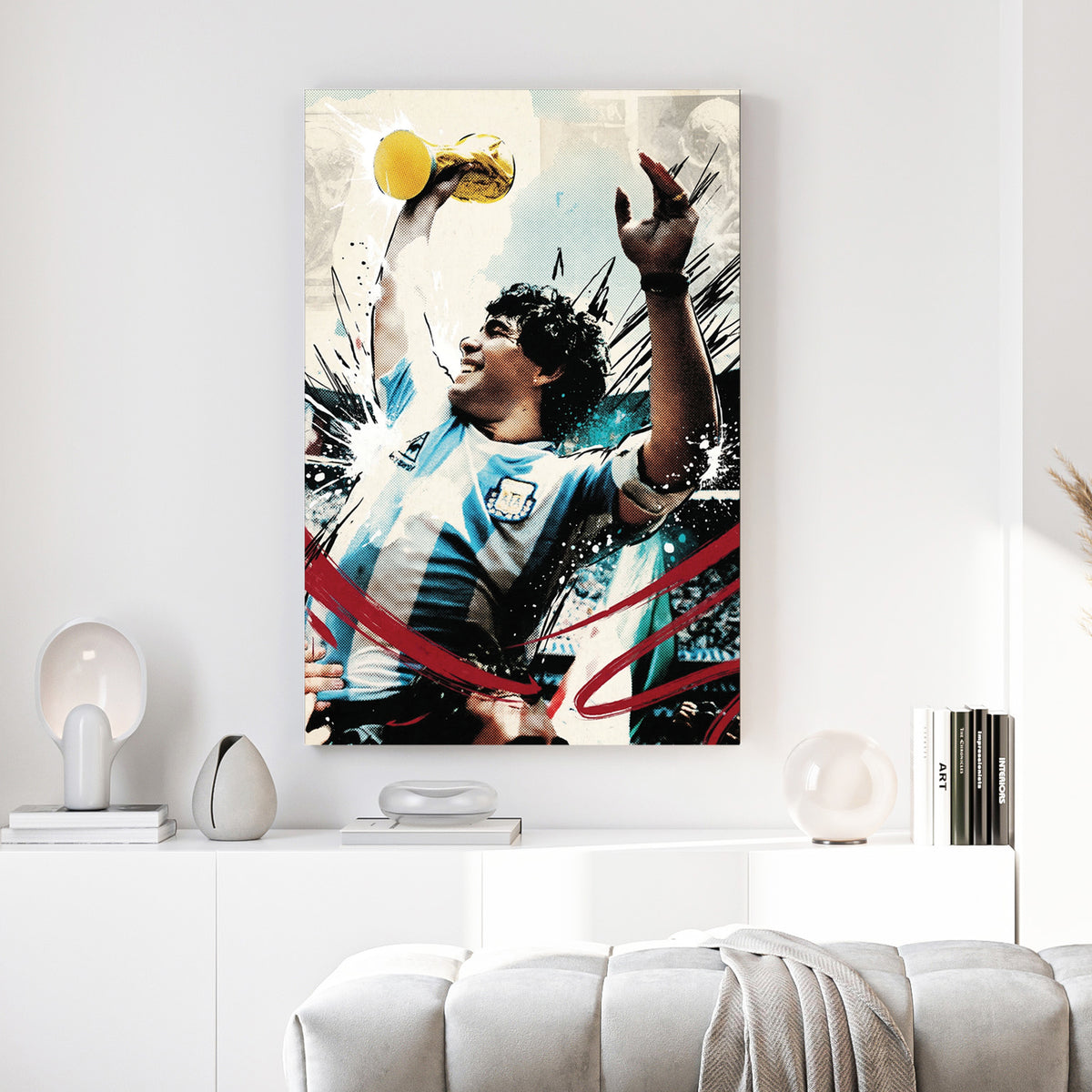 Diego Maradona World Cup Trophy canvas wall art print above a sofa in a contemporary living room