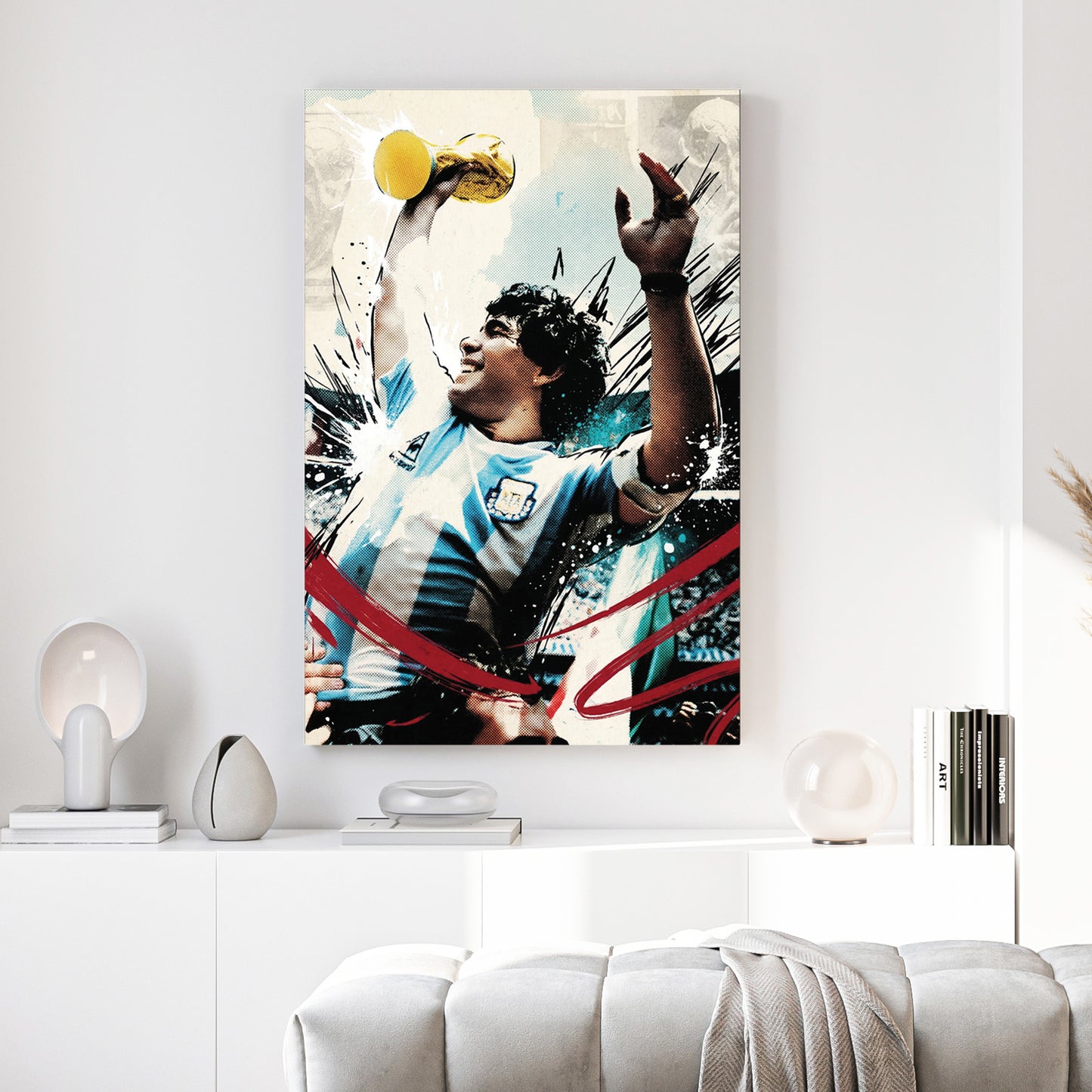 Diego Maradona World Cup Trophy canvas wall art print above a sofa in a contemporary living room