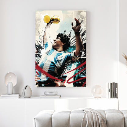 Diego Maradona World Cup Trophy canvas wall art print above a sofa in a contemporary living room