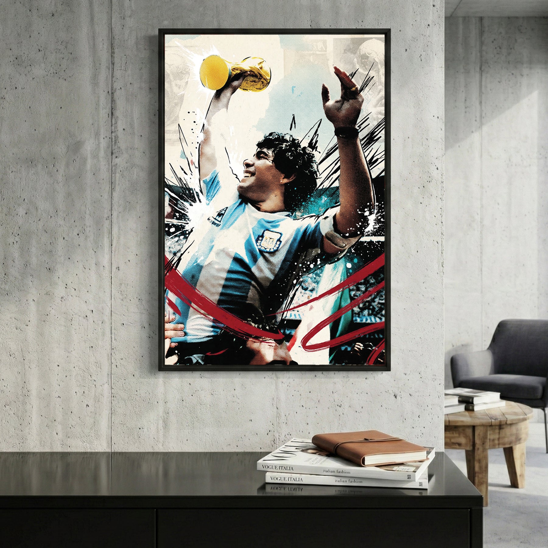 Diego Maradona World Cup Trophy framed canvas wall art print in a gallery-style display