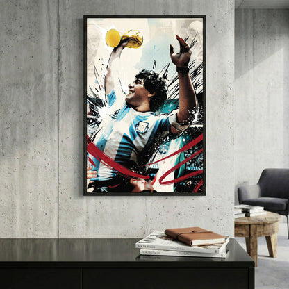 Diego Maradona World Cup Trophy framed canvas wall art print in a gallery-style display