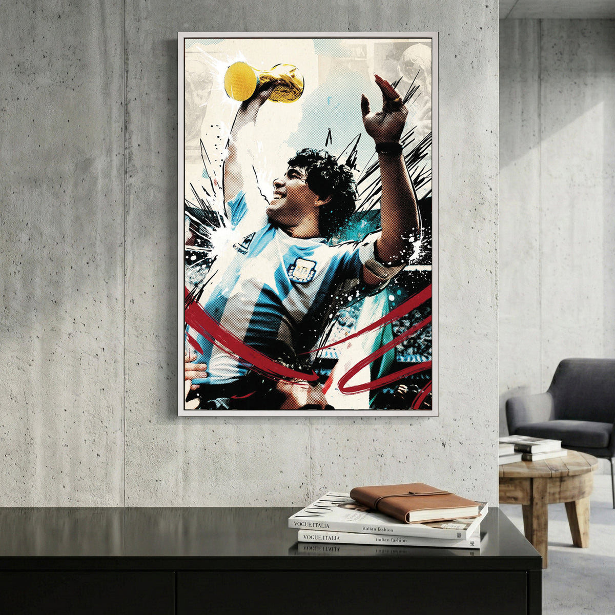Diego Maradona World Cup Trophy canvas wall art print displayed in a styled living room