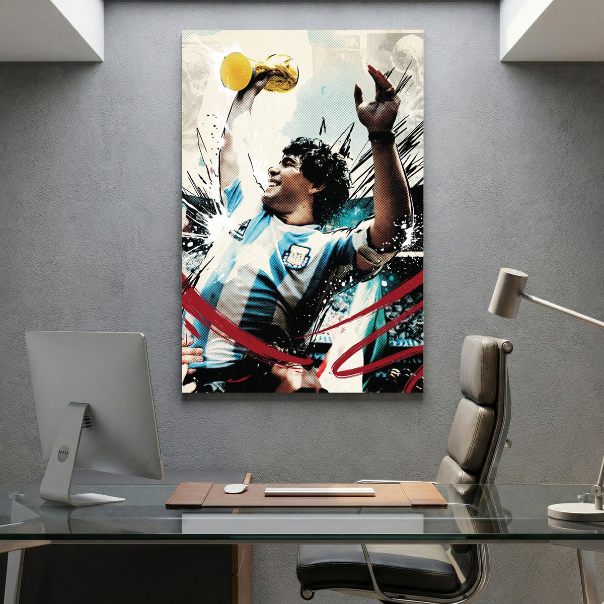 Diego Maradona World Cup Trophy canvas wall art print displayed in a styled living room