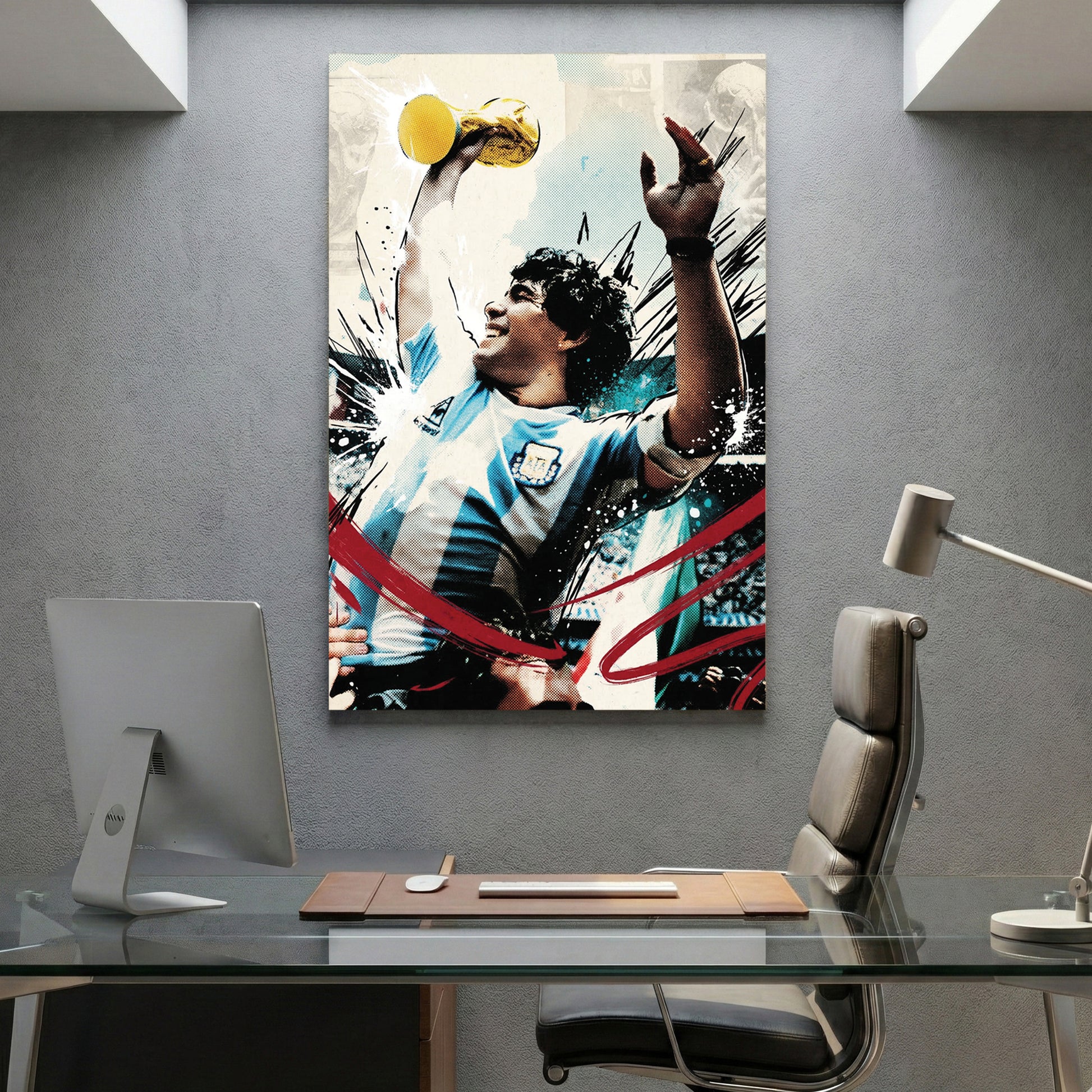 Diego Maradona World Cup Trophy canvas wall art print displayed in a styled living room