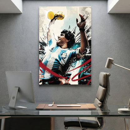 Diego Maradona World Cup Trophy canvas wall art print displayed in a styled living room