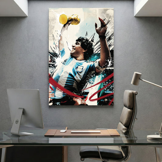 Diego Maradona World Cup Trophy canvas wall art print displayed in a styled living room