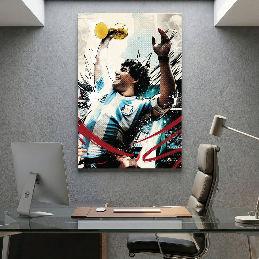 Diego Maradona World Cup Trophy canvas wall art print displayed in a styled living room