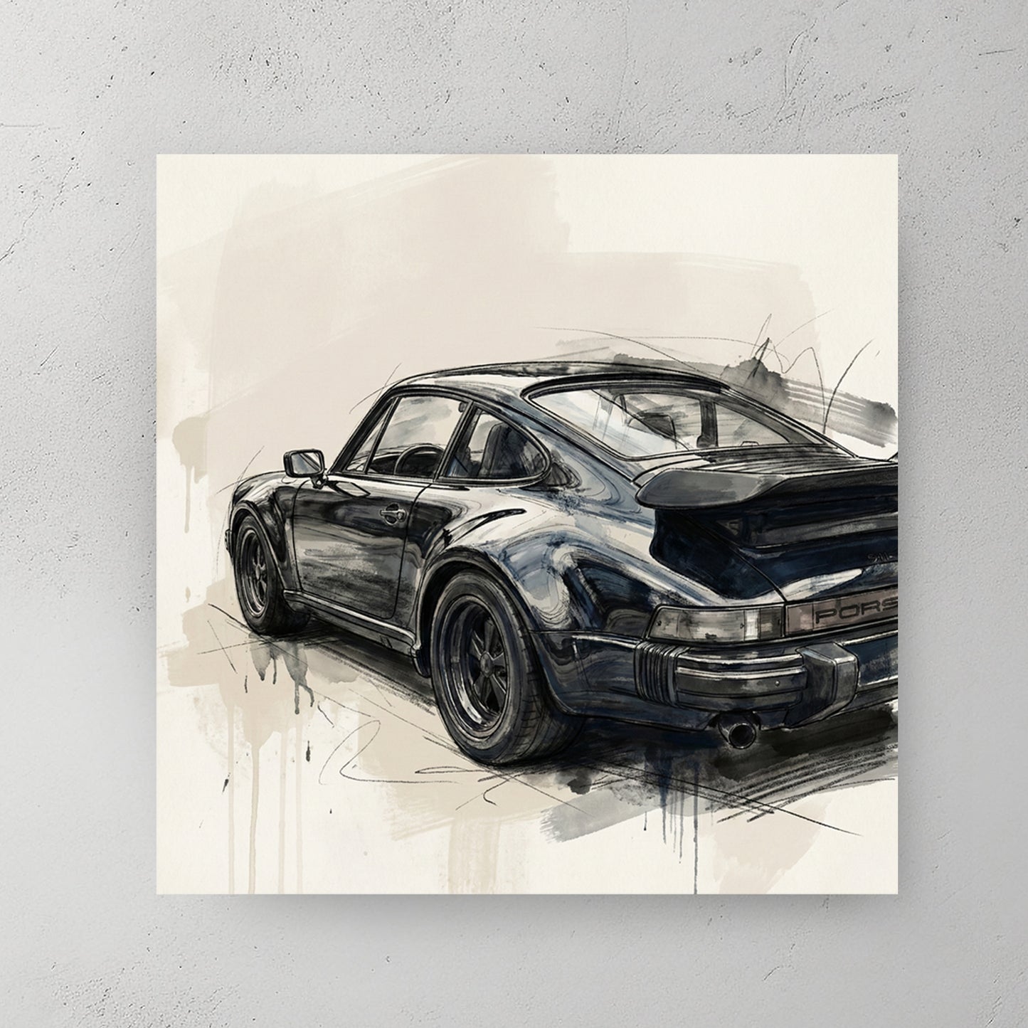 Black Porsche 911 from rear three-quarters, charcoal sketch style, drips and scribbles on white — canvas wall art print
