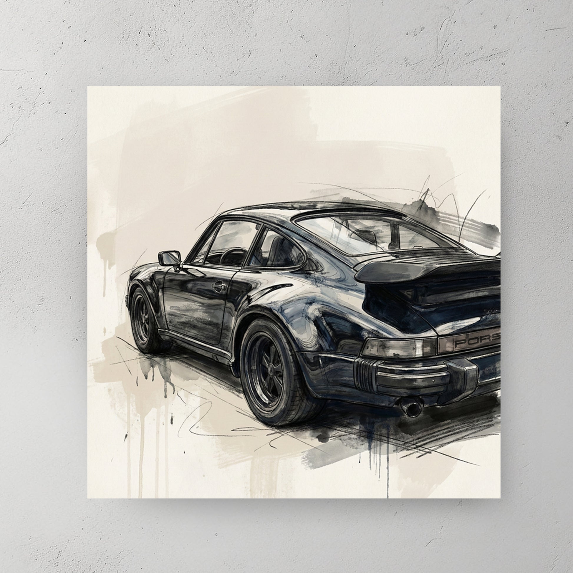 Black Porsche 911 from rear three-quarters, charcoal sketch style, drips and scribbles on white — canvas wall art print