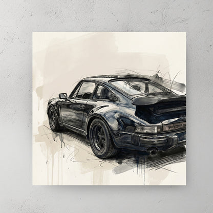 Black Porsche 911 from rear three-quarters, charcoal sketch style, drips and scribbles on white — canvas wall art print