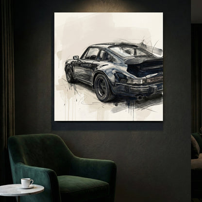 Black Porsche 911 Studio Sketch canvas wall art print styled in a modern interior