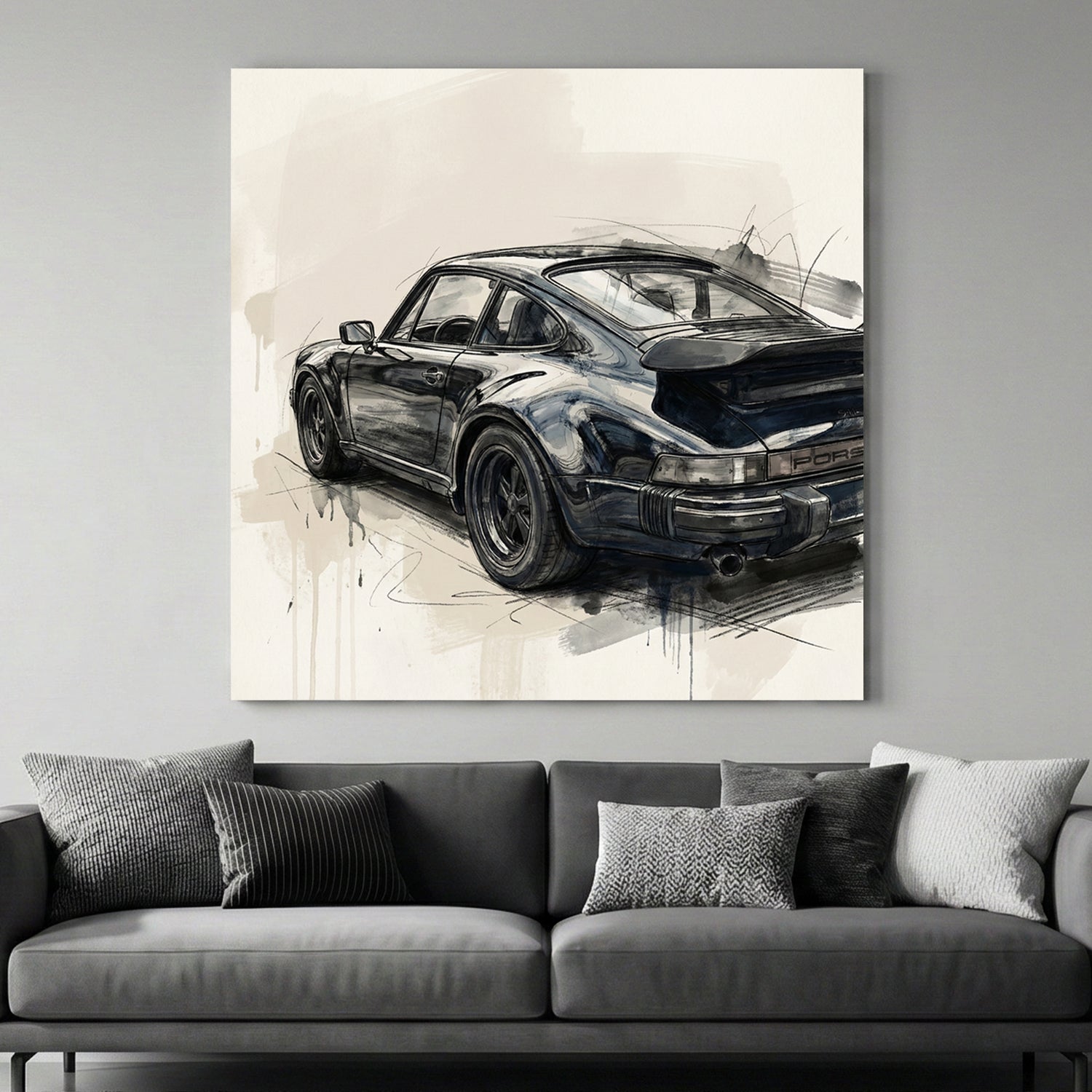 Black Porsche 911 Studio Sketch canvas wall art print above a sofa in a contemporary living room
