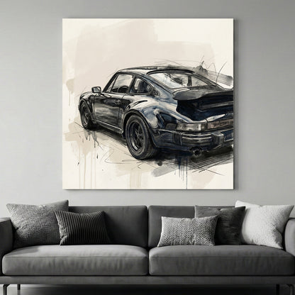 Black Porsche 911 Studio Sketch canvas wall art print above a sofa in a contemporary living room