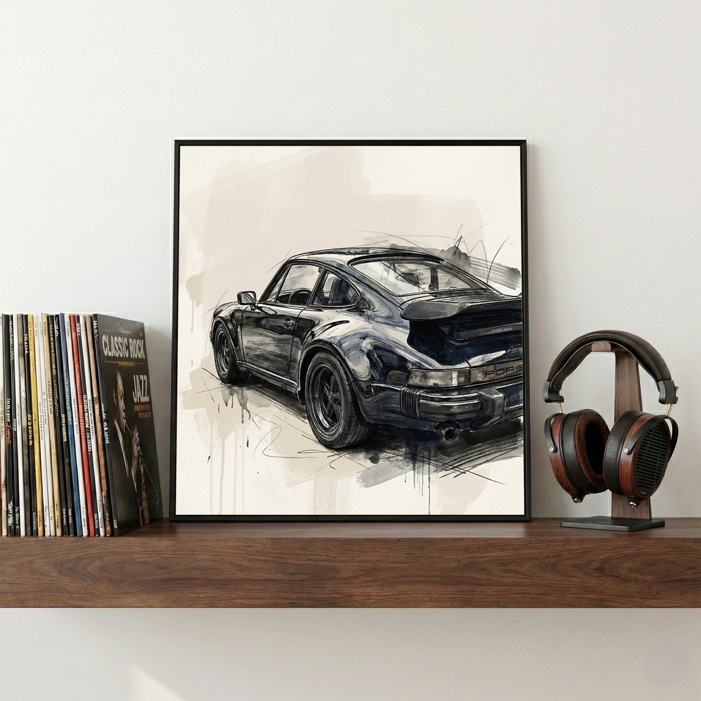 Black Porsche 911 Studio Sketch framed canvas wall art print in a gallery-style display