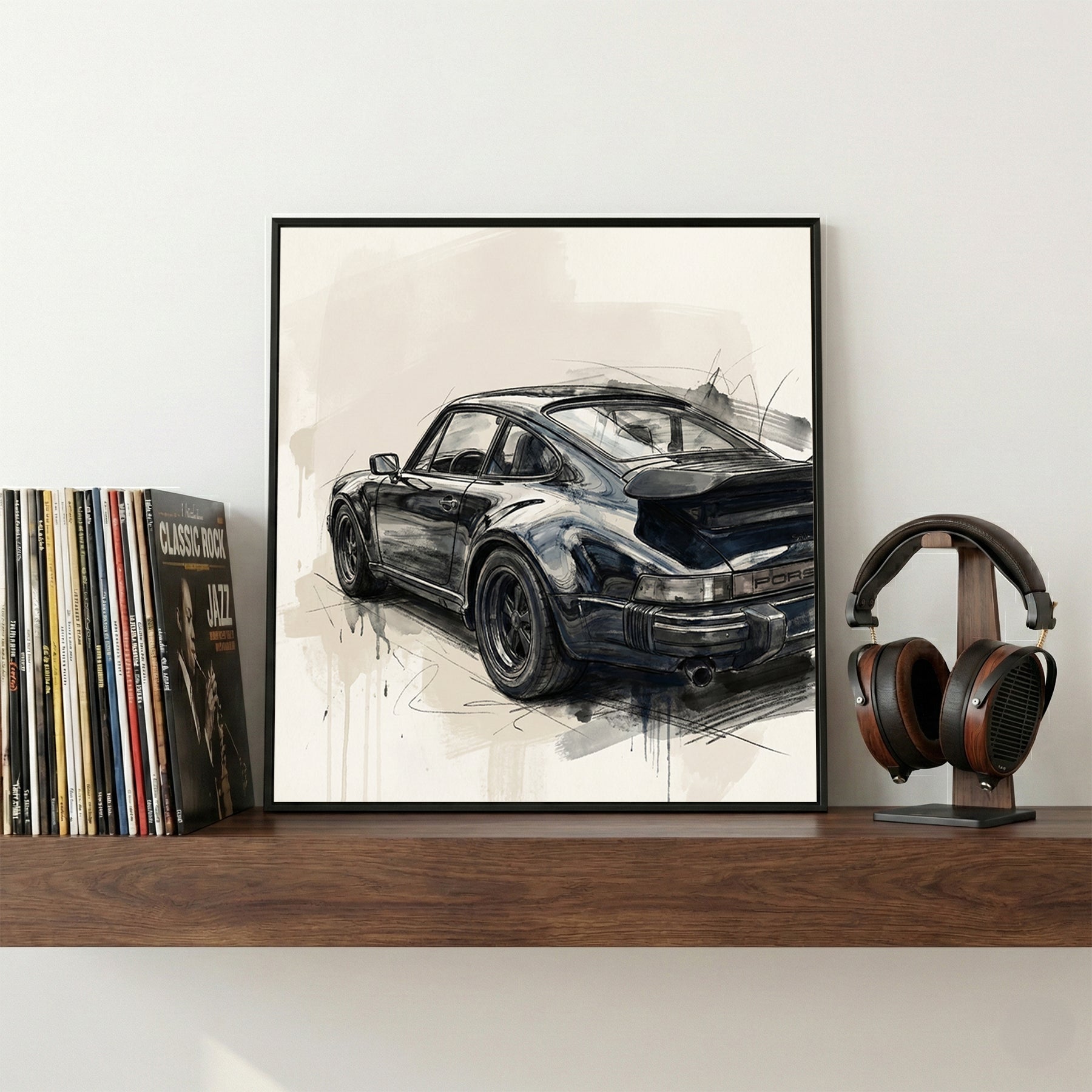 Black Porsche 911 Studio Sketch framed canvas wall art print in a gallery-style display