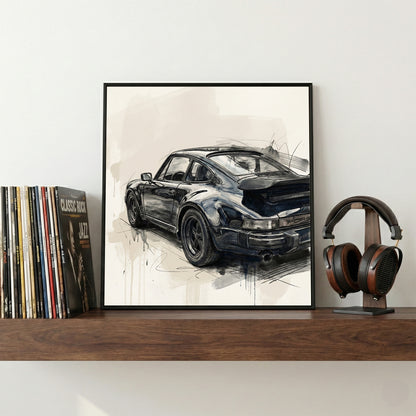 Black Porsche 911 Studio Sketch framed canvas wall art print in a gallery-style display