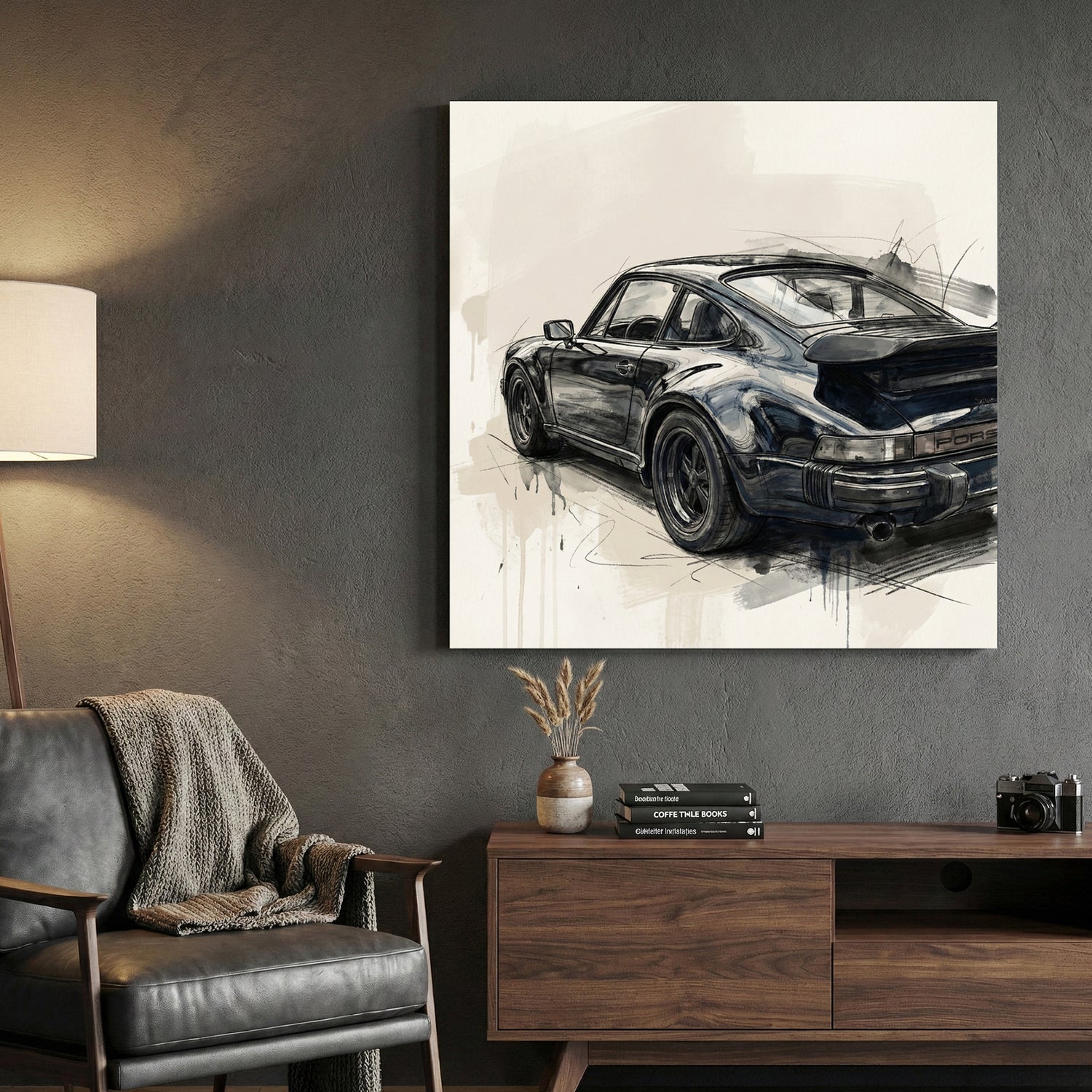 Black Porsche 911 Studio Sketch canvas wall art print displayed in a styled living room