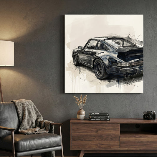 Black Porsche 911 Studio Sketch canvas wall art print displayed in a styled living room
