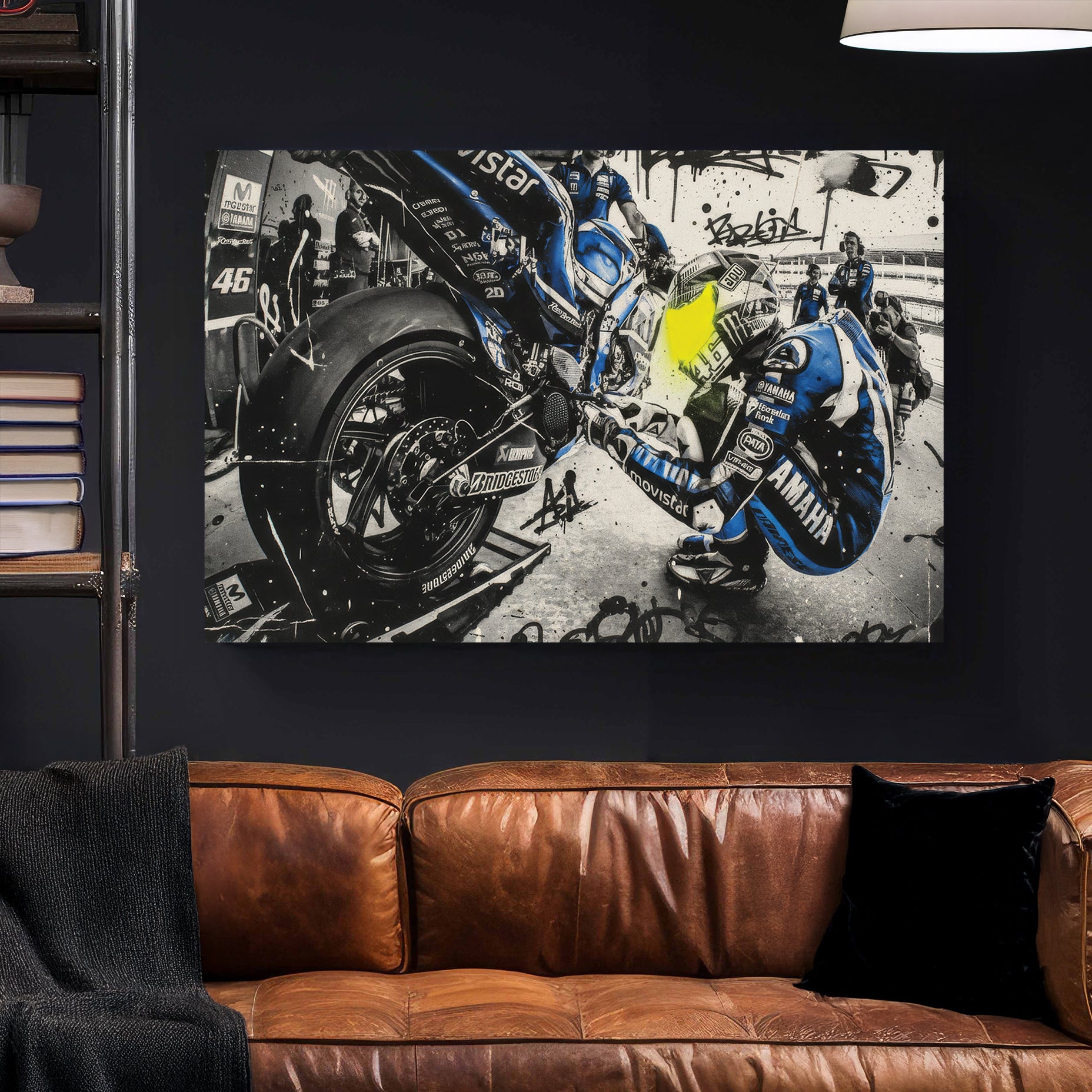 Valentino Rossi MotoGP 46 Graffiti canvas wall art print styled in a modern interior