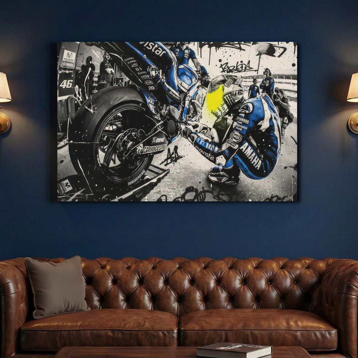 Valentino Rossi MotoGP 46 Graffiti canvas wall art print above a sofa in a contemporary living room