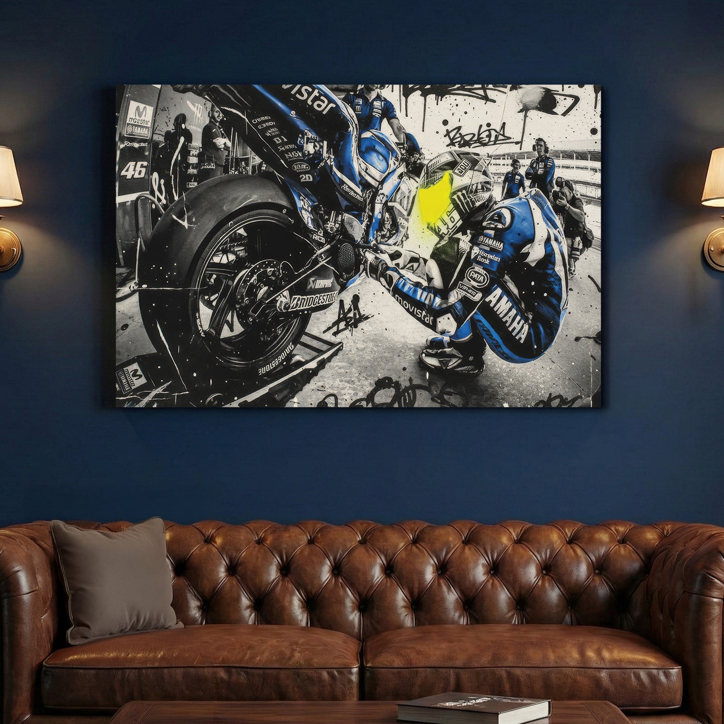 Valentino Rossi MotoGP 46 Graffiti canvas wall art print above a sofa in a contemporary living room