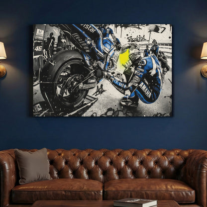 Valentino Rossi MotoGP 46 Graffiti canvas wall art print above a sofa in a contemporary living room