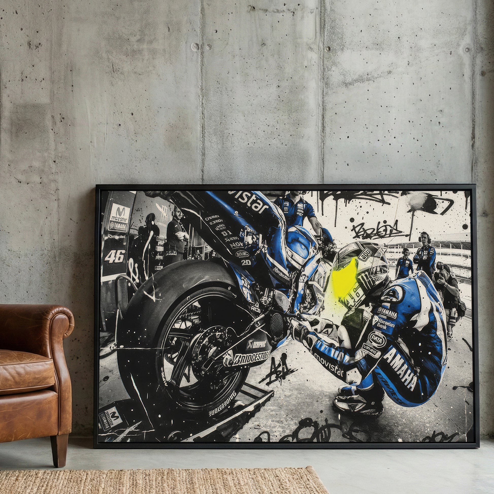 Valentino Rossi MotoGP 46 Graffiti framed canvas wall art print in a gallery-style display