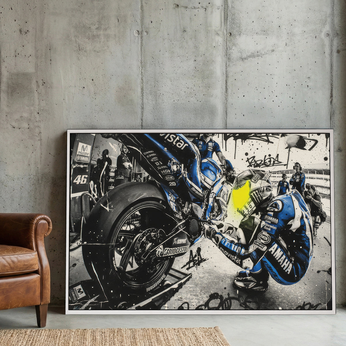 Valentino Rossi MotoGP 46 Graffiti canvas wall art print displayed in a styled living room