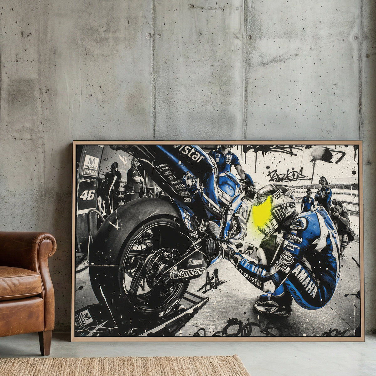 Valentino Rossi MotoGP 46 Graffiti canvas wall art print displayed in a styled living room