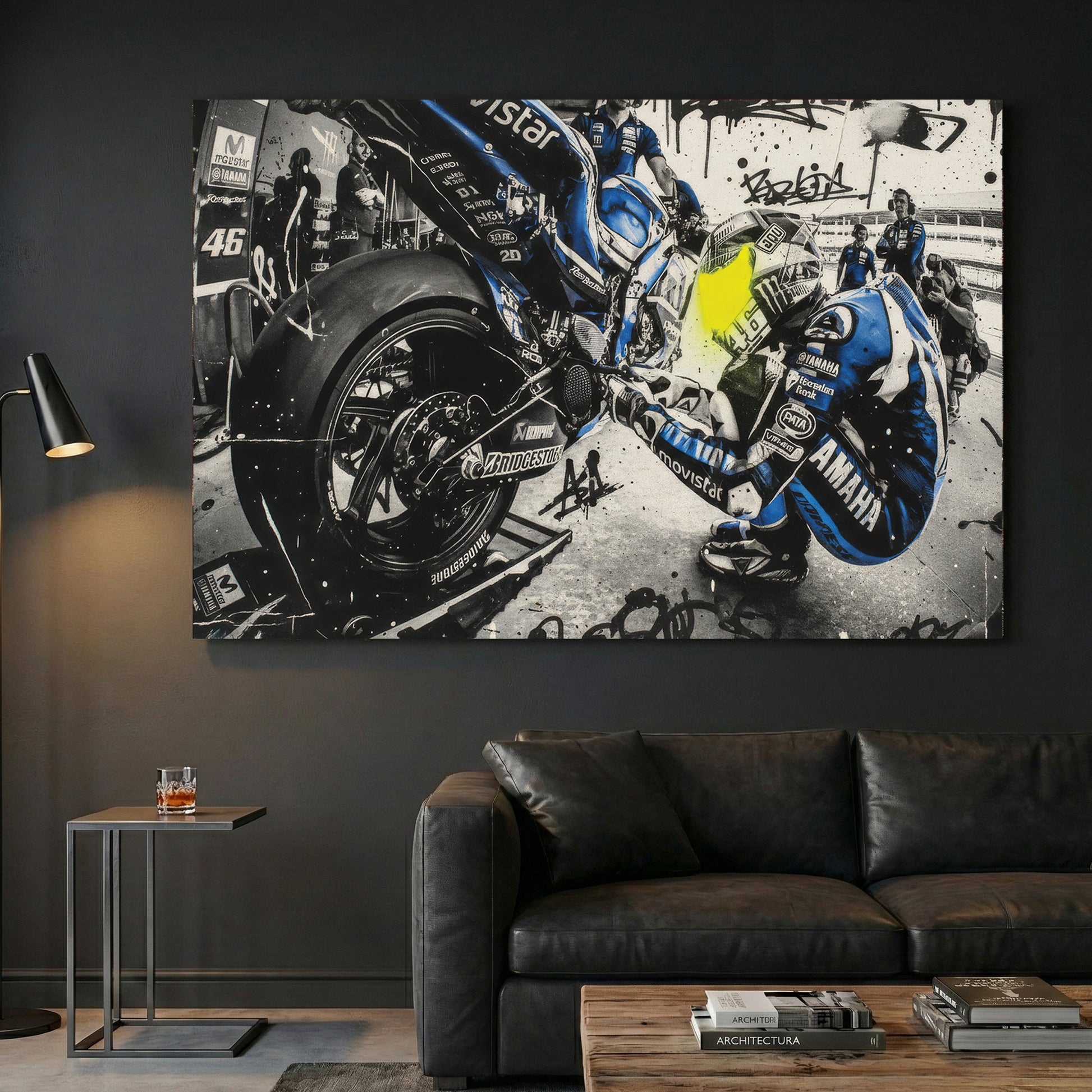 Valentino Rossi MotoGP 46 Graffiti canvas wall art print displayed in a styled living room