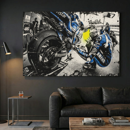 Valentino Rossi MotoGP 46 Graffiti canvas wall art print displayed in a styled living room