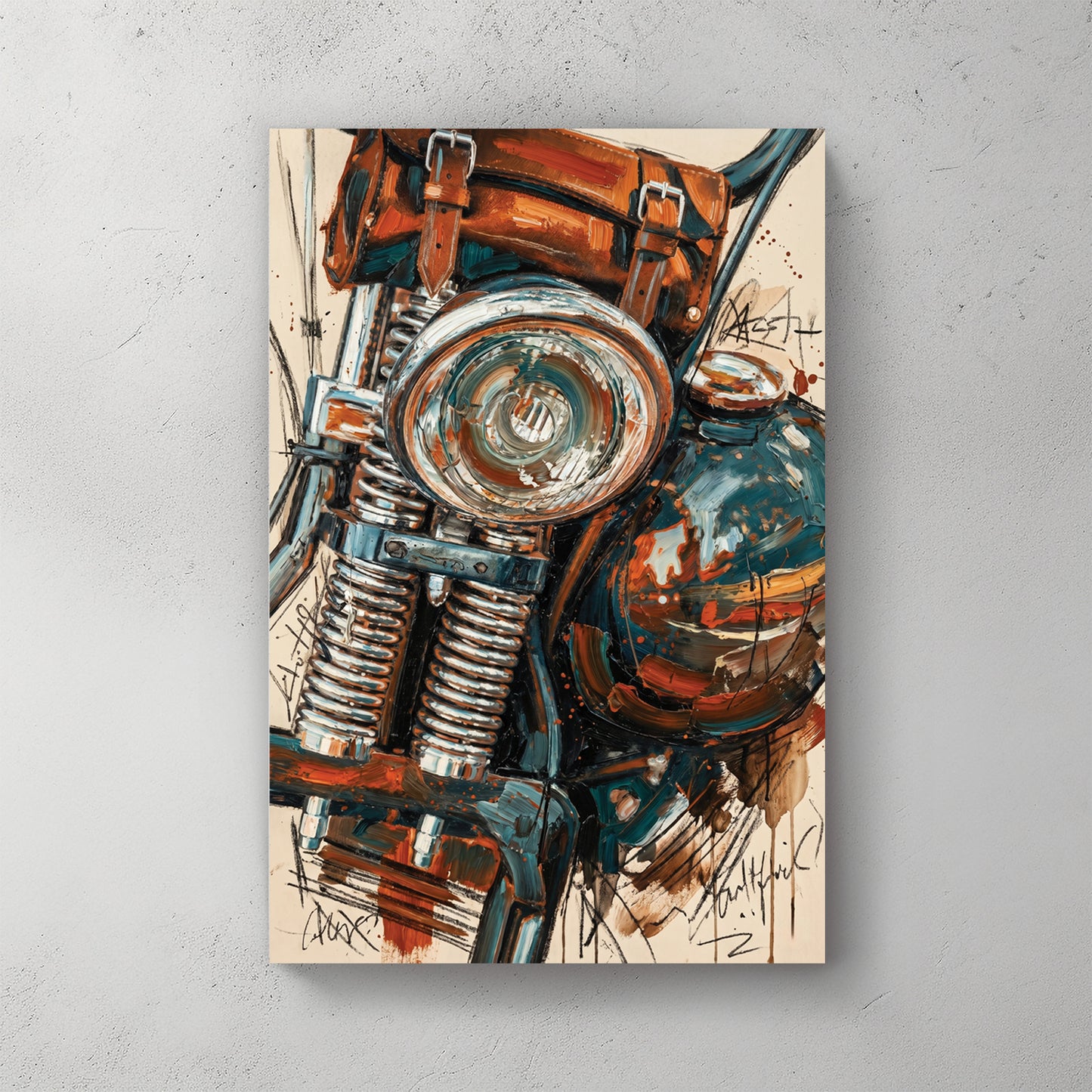 Vintage motorcycle headlight closeup, chrome lamp, fuel tank, leather saddle bag, orange and teal palette knife oil painting — canvas wall art print
