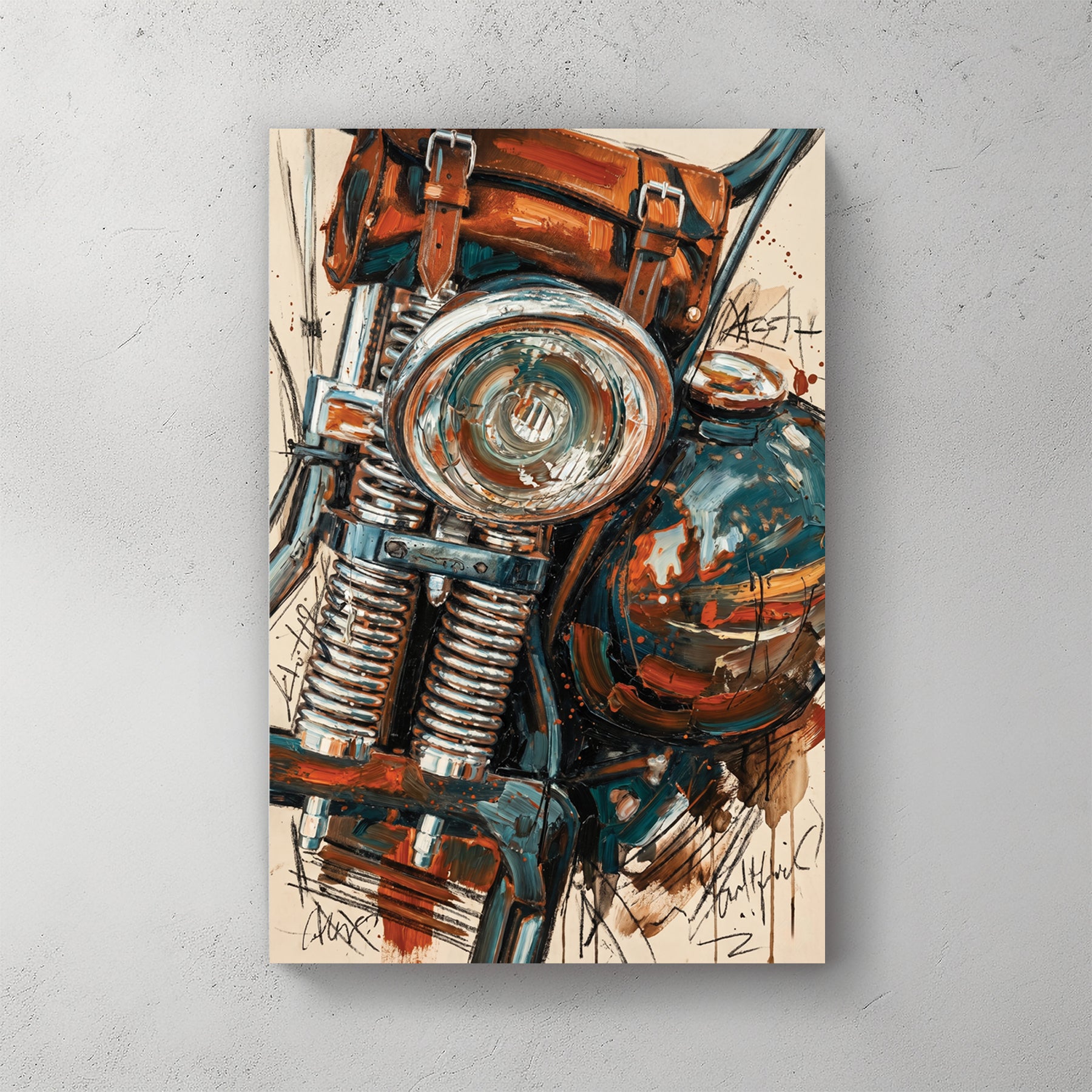 Vintage motorcycle headlight closeup, chrome lamp, fuel tank, leather saddle bag, orange and teal palette knife oil painting — canvas wall art print