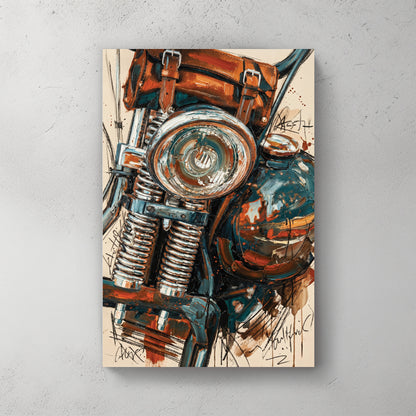 Vintage motorcycle headlight closeup, chrome lamp, fuel tank, leather saddle bag, orange and teal palette knife oil painting — canvas wall art print
