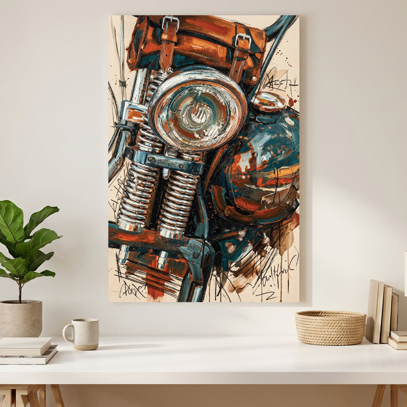 Vintage Motorcycle Headlight Painting canvas wall art print styled in a modern interior