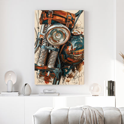 Vintage Motorcycle Headlight Painting canvas wall art print above a sofa in a contemporary living room