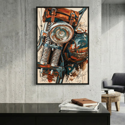 Vintage Motorcycle Headlight Painting framed canvas wall art print in a gallery-style display