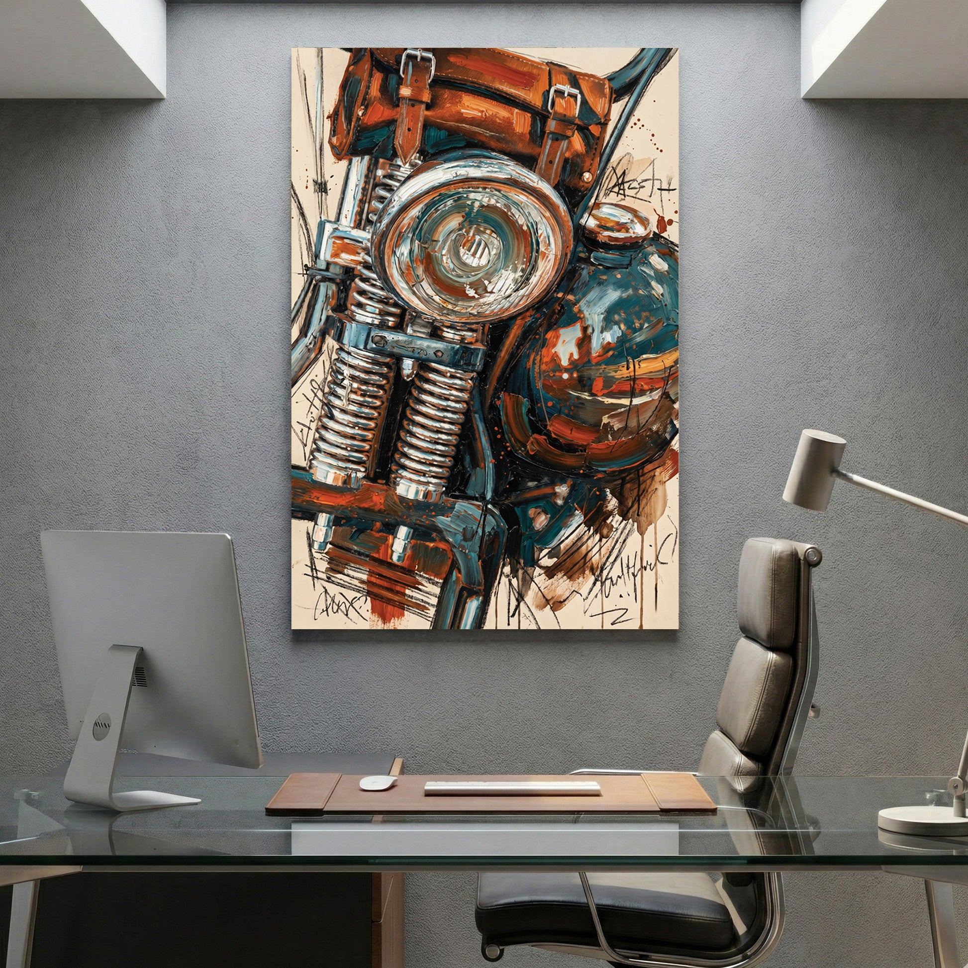 Vintage Motorcycle Headlight Painting canvas wall art print displayed in a styled living room