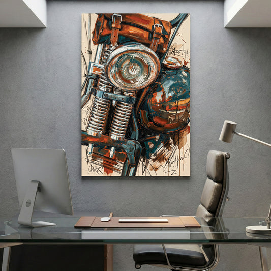Vintage Motorcycle Headlight Painting canvas wall art print displayed in a styled living room