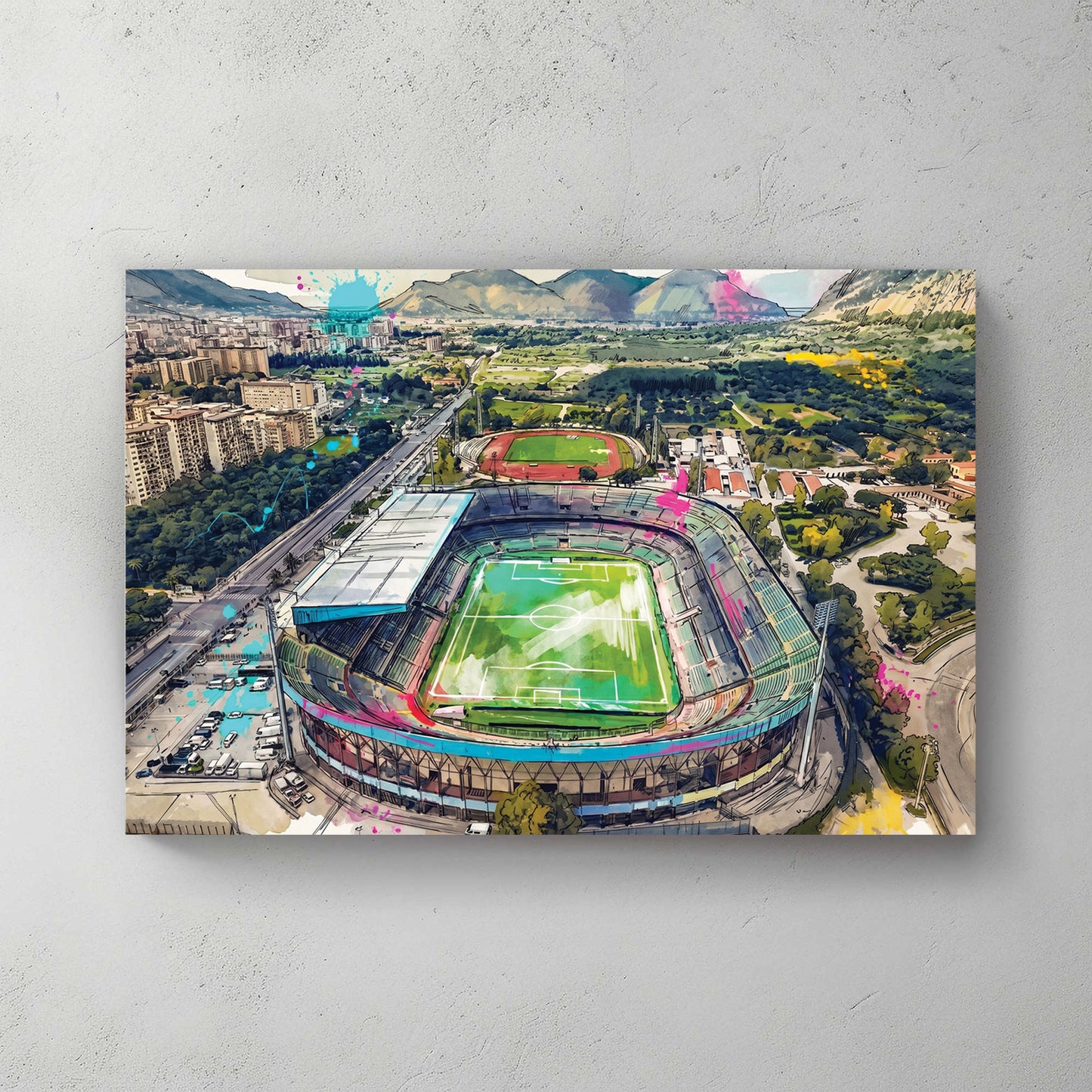 Aerial view of Stadio Renzo Barbera, Palermo, mountains behind, green pitch, watercolour with pink splatters — canvas wall art print