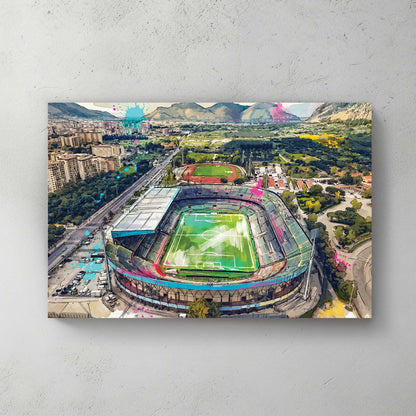 Aerial view of Stadio Renzo Barbera, Palermo, mountains behind, green pitch, watercolour with pink splatters — canvas wall art print