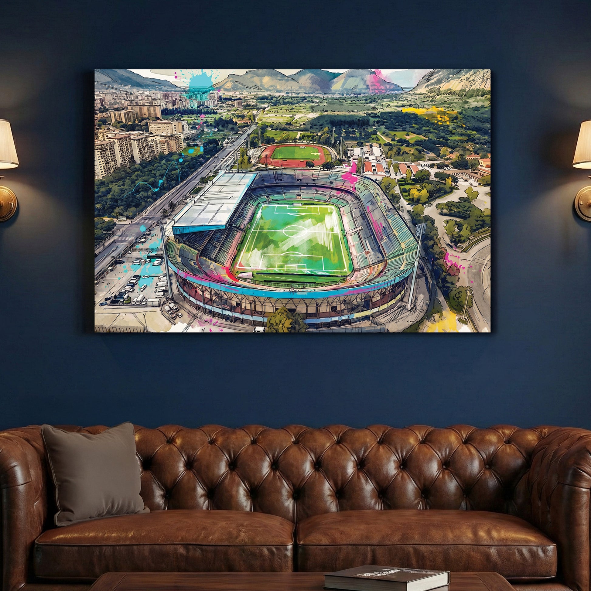 Palermo Stadio Renzo Barbera Aerial Painting canvas wall art print above a sofa in a contemporary living room
