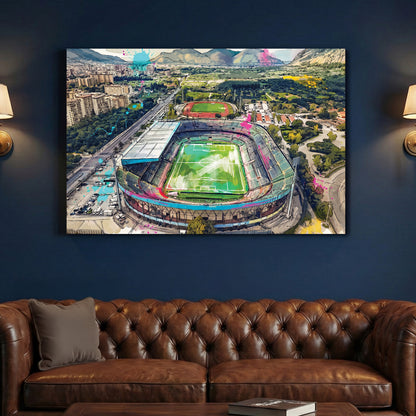 Palermo Stadio Renzo Barbera Aerial Painting canvas wall art print above a sofa in a contemporary living room