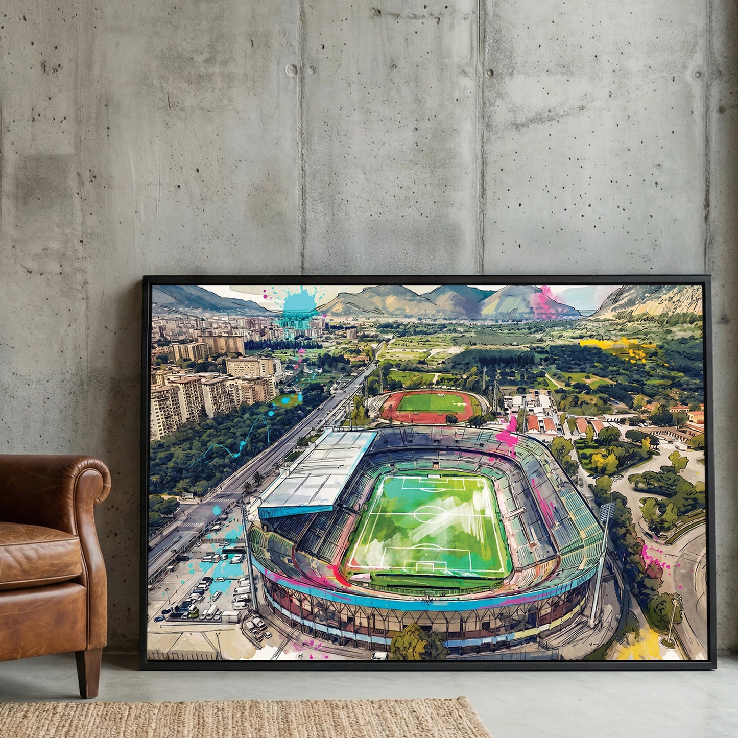 Palermo Stadio Renzo Barbera Aerial Painting framed canvas wall art print in a gallery-style display