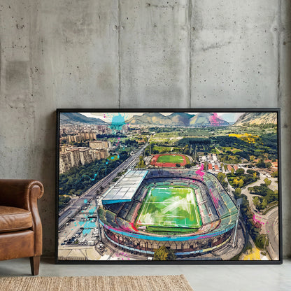 Palermo Stadio Renzo Barbera Aerial Painting framed canvas wall art print in a gallery-style display