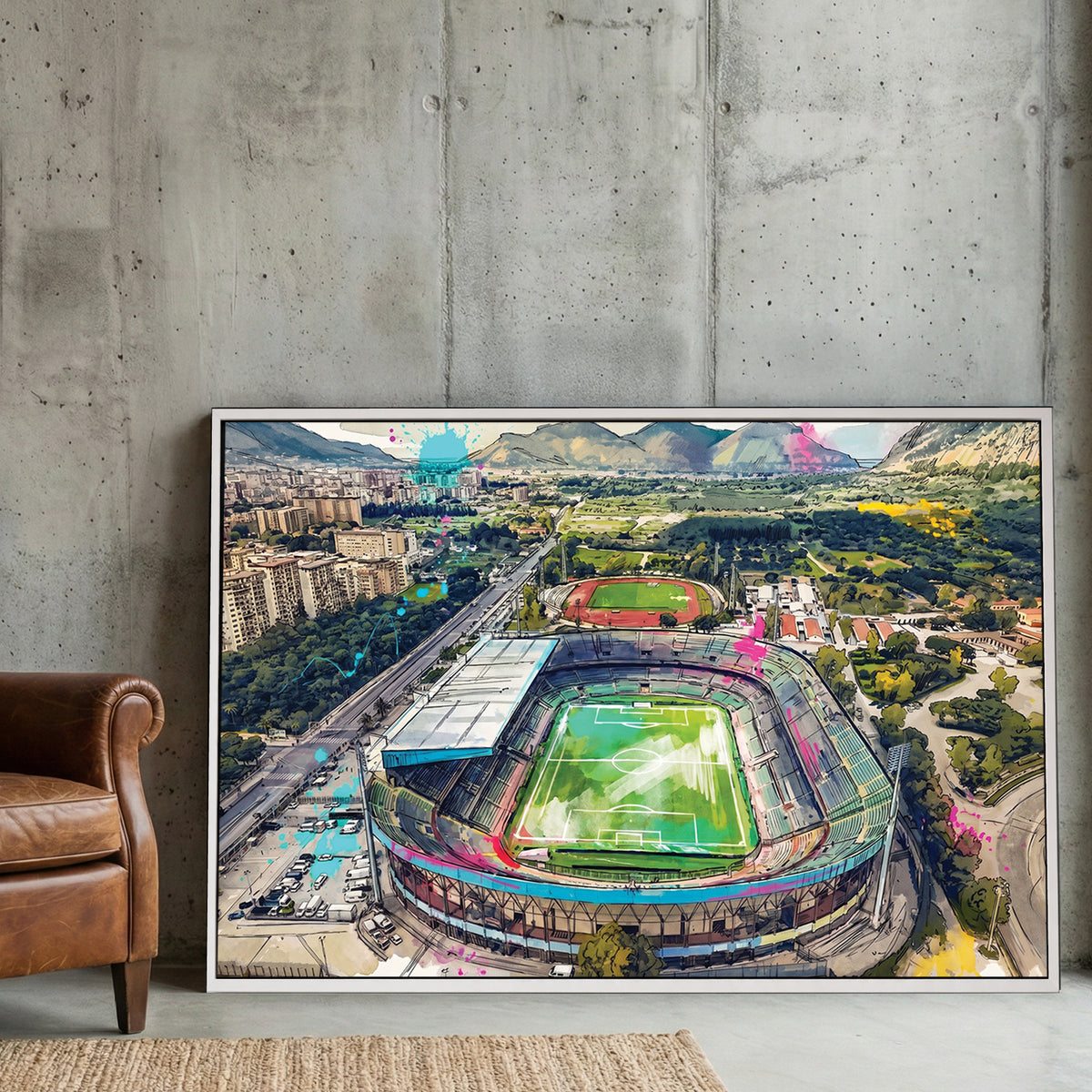 Palermo Stadio Renzo Barbera Aerial Painting canvas wall art print displayed in a styled living room