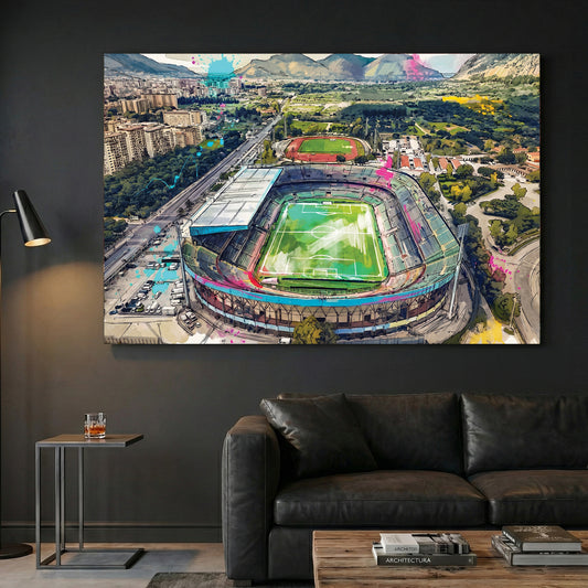 Palermo Stadio Renzo Barbera Aerial Painting canvas wall art print displayed in a styled living room